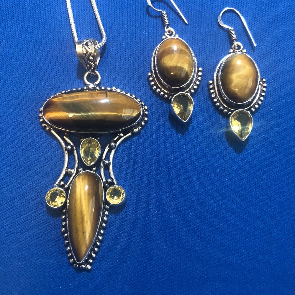 Tiger Eye-Citrine Gemstone 925 Stamped- Necklace + Earring Set. - Picture 3 of 6